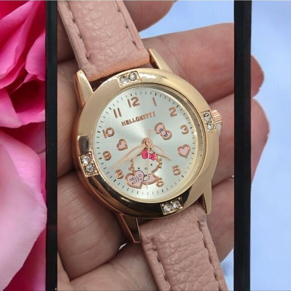 Hello Kitty Pink Leather Band Watch Cat Face Rose Gold Rhinestone Analog Battery - Picture 3 of 6